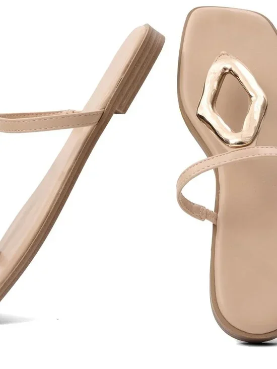 🆕Women's Nude Flip Flops Slip On Square Open Toe Slides Sandals for Summer - Picture 3 of 6